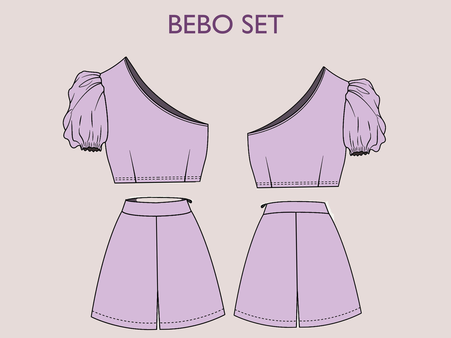 BEBO Set - one shoulder top | high waist short | Women dress pattern| Puffy Sleeve dress, Short dress|   sewing Pattern PDF