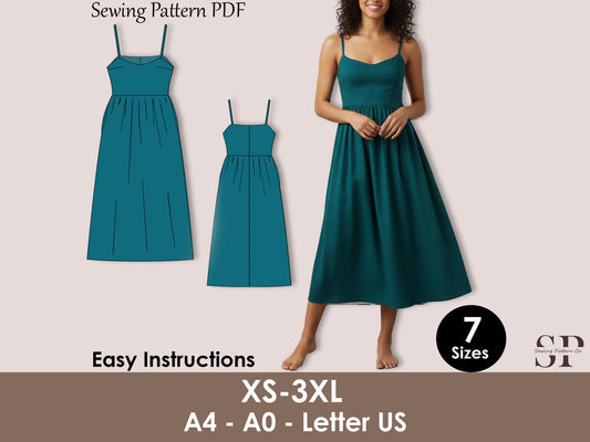 Strappy Midi Dress with Pockets, A-Line Summer, women's Sundress Sewing Pattern XS- 3XL
