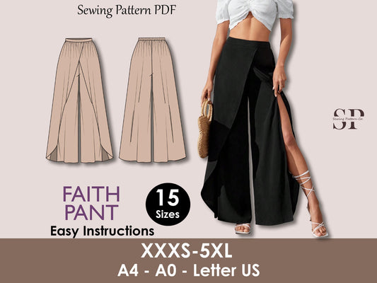 FAITH Pant - women wrap pant | women pant sewing PDF | slit pant | Women’s Comfy Pant | Wide leg pant | 15 Sizes| Digital trouser long pant