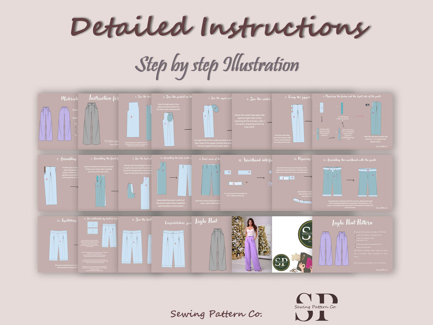 LAYLA Pants Sewing Pattern PDF | Wide Leg Trousers with Pockets | High Waist Pants | Digital Pattern | 15 Sizes XXXS–5XL | women, girl