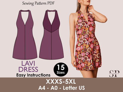 LAVI Dress Sewing Pattern PDF – Halter Neck Mini Dress – Tie Back Sundress – Open Back Dress – Sleeveless Summer Dress – Digital Download