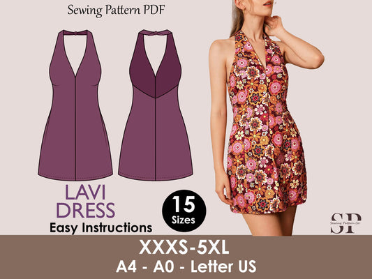 LAVI Dress Sewing Pattern PDF – Halter Neck Mini Dress – Tie Back Sundress – Open Back Dress – Sleeveless Summer Dress – Digital Download