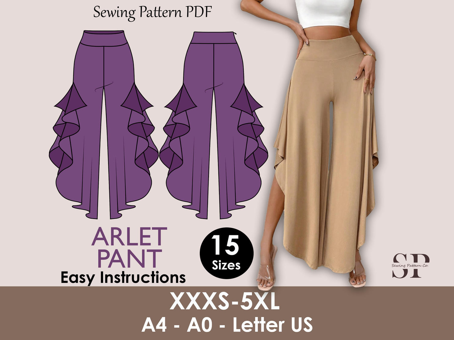 ARLET Pant- Puffed pant | wide leg side cut classic pant | 70s, 90s pant| stretchy| casual| Women Trouser sewing pattern| Digital Pants