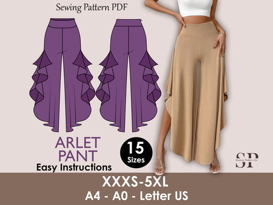 ARLET Pant- Puffed pant | wide leg side cut classic pant | 70s, 90s pant| stretchy| casual| Women Trouser sewing pattern| Digital Pants