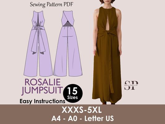 ROSALIE- tie in waist jumpsuit | Round Neckline | Women Long jumpsuit pattern| Sleeveless, Wide pant| sewing Pattern PD,F broad pant