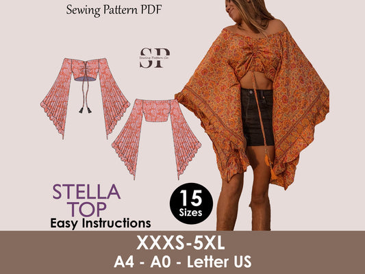 STELLA Top - Boho blouse pattern | fairy Bell sleeves | wide sleeve, tie top, V neck | 70s women Top digital sewing Pattern PDF|