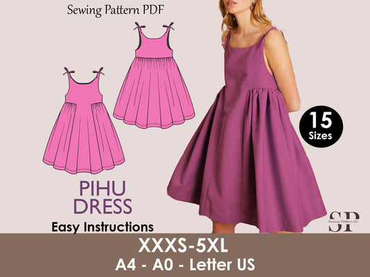 PIHU Dress - flairy bow strap dress | Puffy dress | Women strap dress | one piece | Round neck| Sleeveless | sewing pattern pdf Digital