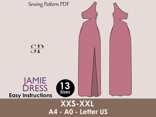 JAMIE Dress - one shoulder dress | slit dress | Women dress | one piece  | cutout dress | Sleeveless | sewing pattern pdf