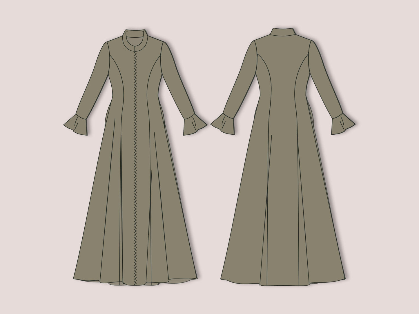 Medieval Cloak Dress Sewing Pattern PDF, Zipper Front Coat XS-3XL, Renaissance Costume PDF, Long Flared Dress Pattern