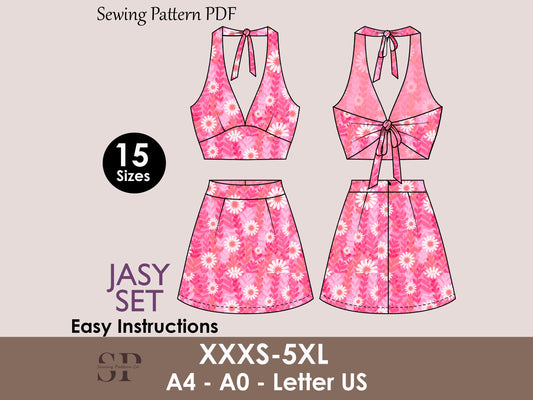 JASY Set - Halter crop top | dress set | Tie-back crop top deep neckline | Sleeveless, Short skirt| Women Summer set sewing Pattern PDF