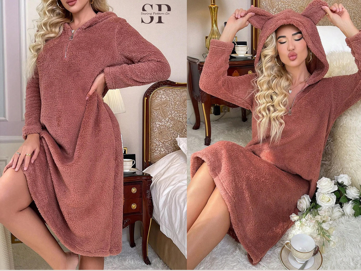 Hooded Nightdress Sewing Pattern PDF, Cozy 3D Ears Loungewear, Sleepwear Dress - XS-XXXL