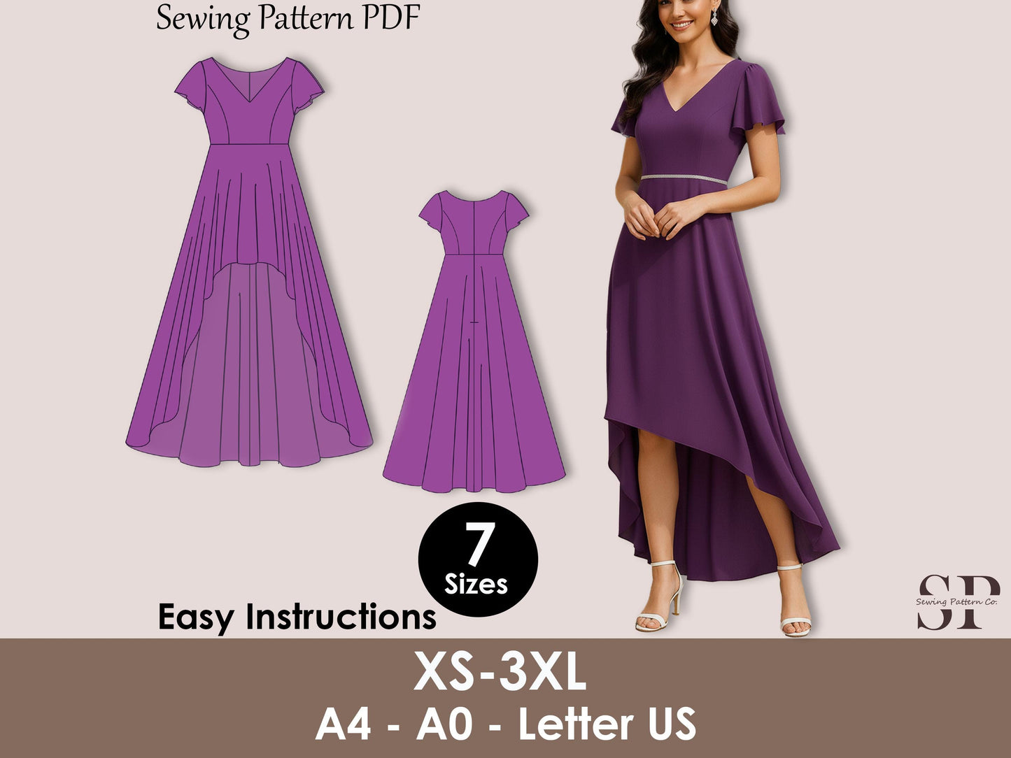 Bridesmaid Dress Sewing Pattern PDF, High Low Hem Dress with Flutter Sleeves, V Neck Formal Gown, Wedding Guest Dress XS-3XL