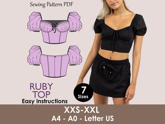 RUBY Top - Bustier top pattern | Puffy sleeves | half sleeve, tie top, | women Top | digital sewing Pattern PDF|