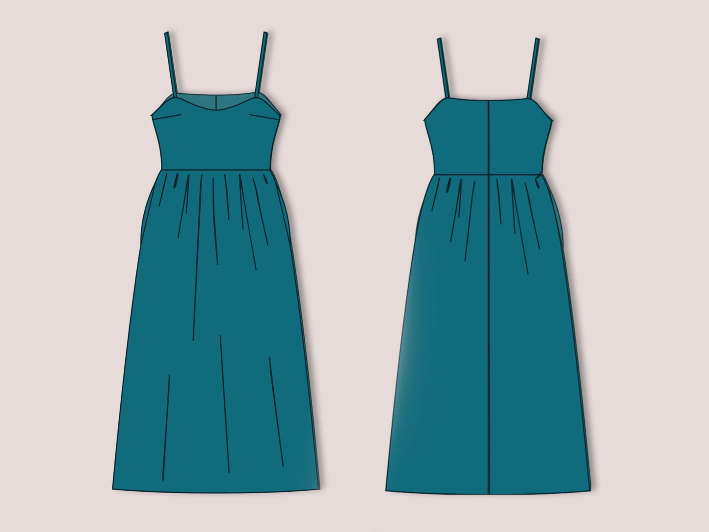 Strappy Midi Dress with Pockets, A-Line Summer, women's Sundress Sewing Pattern XS- 3XL