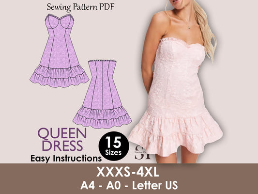 Bustier dress sewing pattern| Ruffle dress pattern| women bustier dress pattern| 15 size| women pdf pattern| robe patron couture| Digital