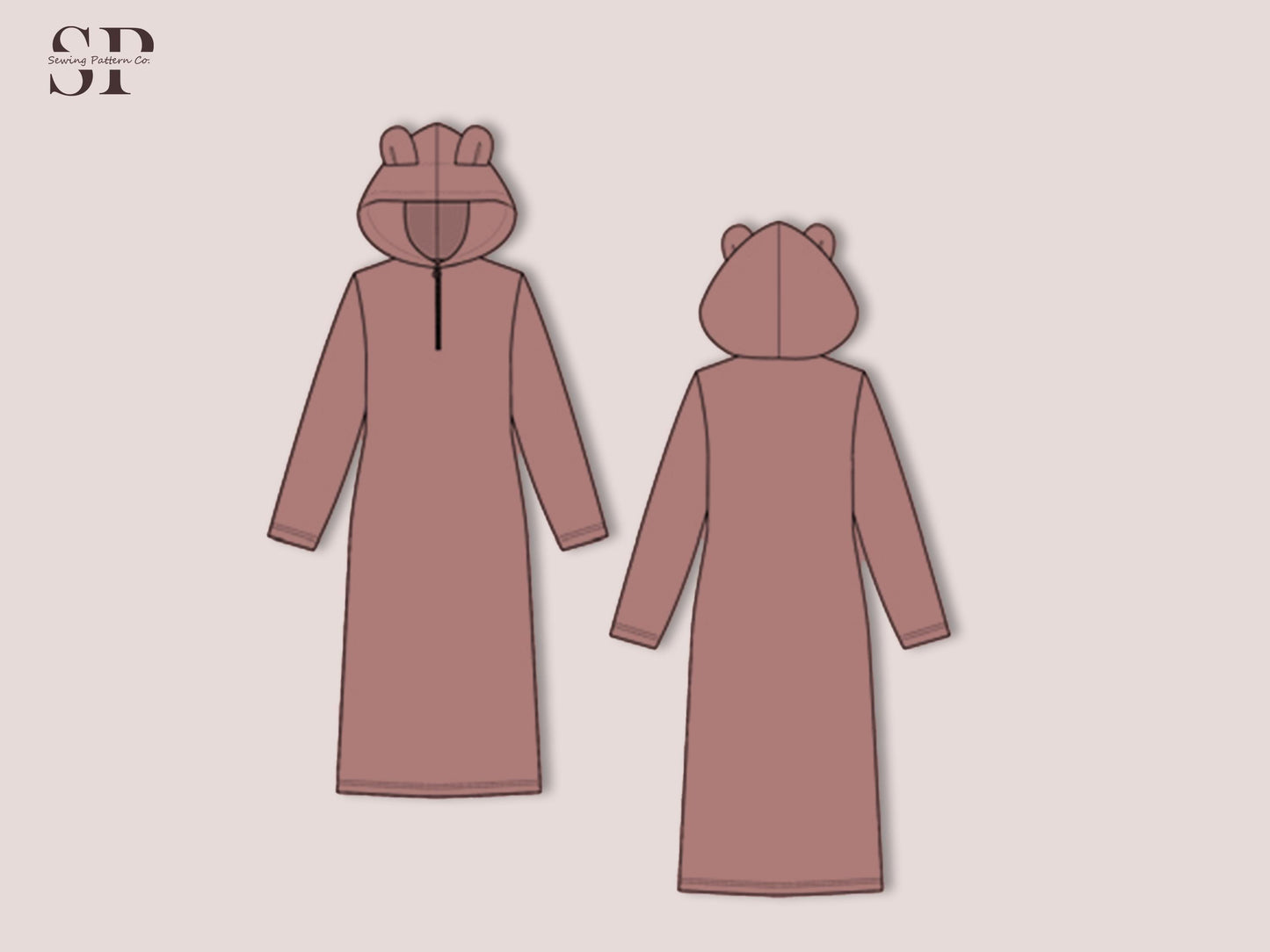 Hooded Nightdress Sewing Pattern PDF, Cozy 3D Ears Loungewear, Sleepwear Dress - XS-XXXL