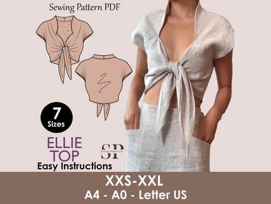 ELLIE Top - Tie Knot Front Crop Top | Bow crop top  | Tie easy Women TOP dress pattern| women digital sewing Pattern PDF summer
