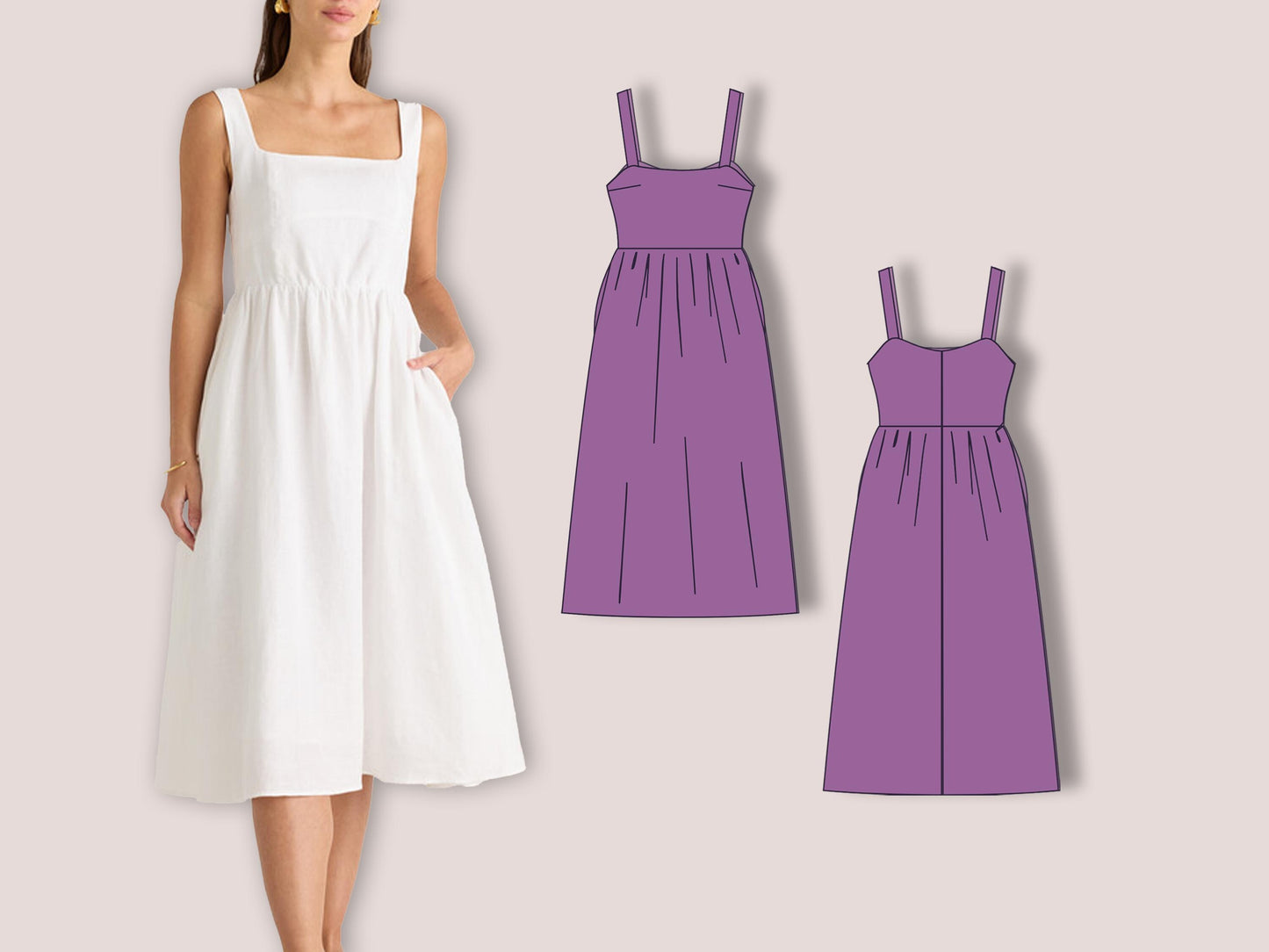 Midi Dress Sewing Pattern PDF | Square Neck with Pockets | Summer Gathered Skirt | Beginner Friendly Straps Dress