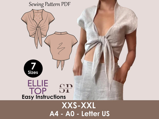 ELLIE Top - Tie Knot Front Crop Top | Bow crop top  | Tie easy Women TOP dress pattern| women digital sewing Pattern PDF summer