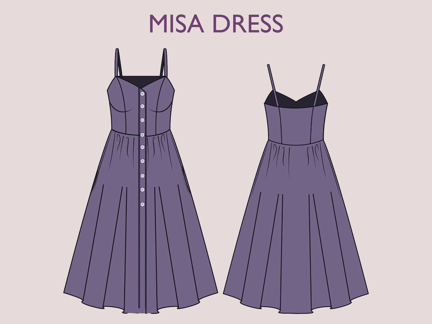 MISA Dress Sewing Pattern PDF – Bustier Midi Dress – Button Down Summer Dress – Spaghetti Strap Dress – Digital Download – Sizes XXXS-5XL