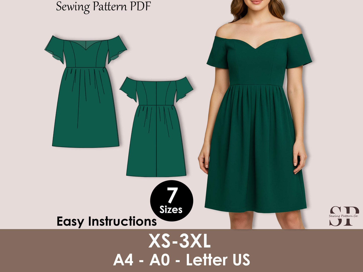Off Shoulder Skater Dress Sewing Pattern | PDF Fit & Flare, Women XS-3XL