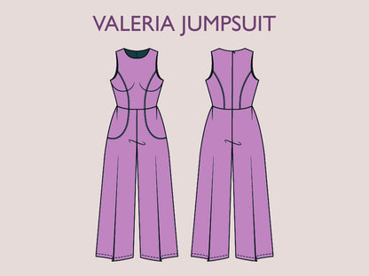 VALERIA Jumpsuit - Summer romper | Round Neckline | Women Long jumpsuit pattern| Sleeveless, short dress| sewing Pattern PD,F broad pant