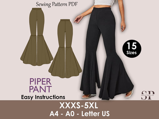 PIPER Pant Sewing Pattern | Wide leg bell bottom PDF | 70s, 90s pant| stretchy| casual| Women sewing pattern| Digital Pants Trousers