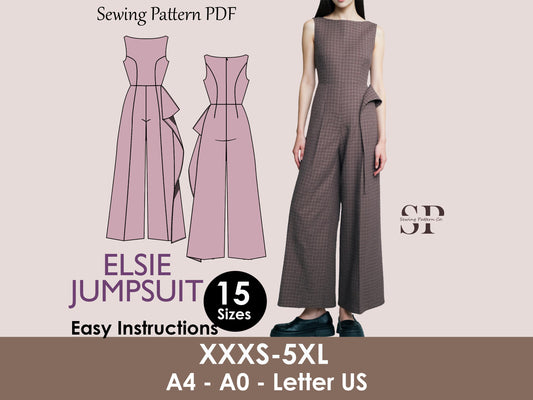 ELSIE Jumpsuit - Broad pant suit | Closed Neckline | Women long Sleeveless ,sewing Pattern PDF