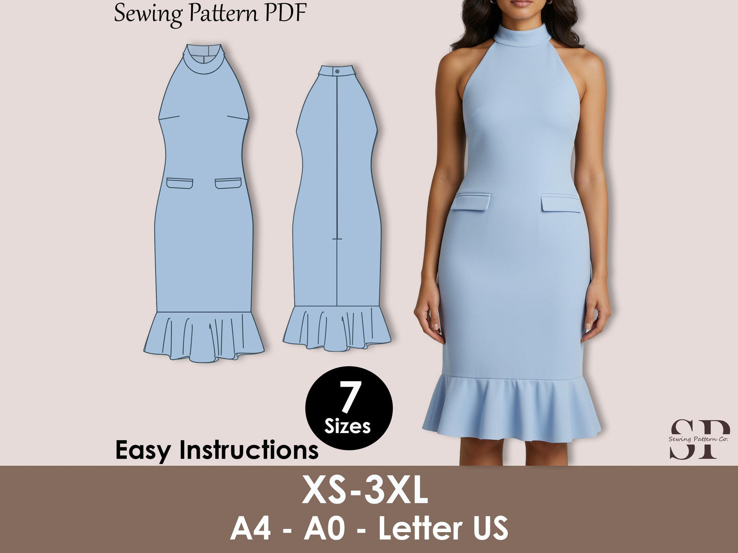 Halter Neck Pencil Dress Sewing Pattern PDF, Bodycon Cocktail Midi with Ruffle Hem XS-5XL