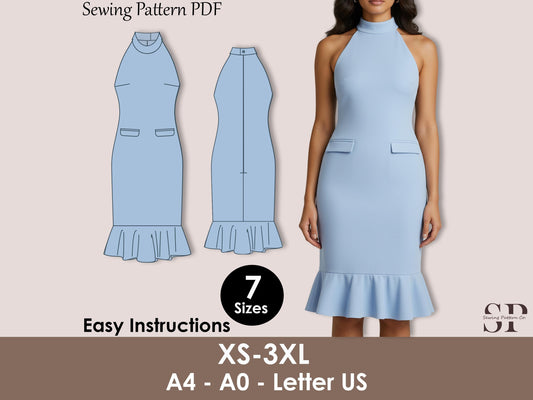 Halter Neck Pencil Dress Sewing Pattern PDF, Bodycon Cocktail Midi with Ruffle Hem XS-5XL