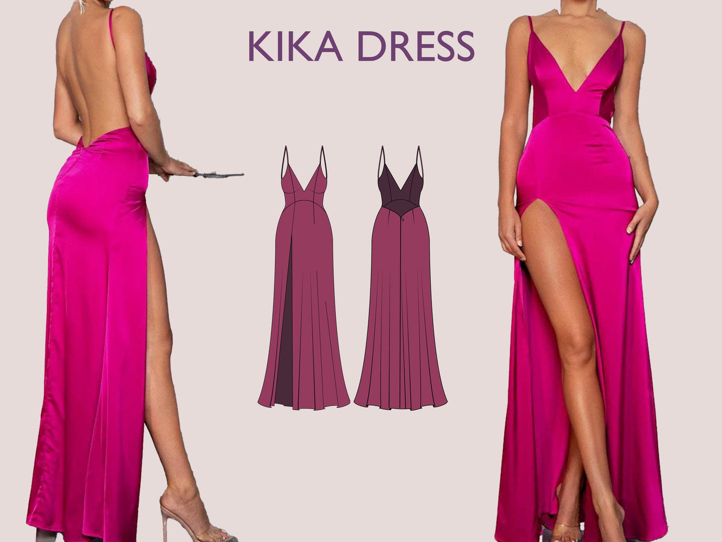 KIKA Dress - prom dress | Bustier open back maxi | Women dress | one piece gown | V neckline Slit dress| Sleeveless | sewing pattern pdf