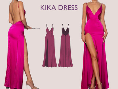KIKA Dress - prom dress | Bustier open back maxi | Women dress | one piece gown | V neckline Slit dress| Sleeveless | sewing pattern pdf