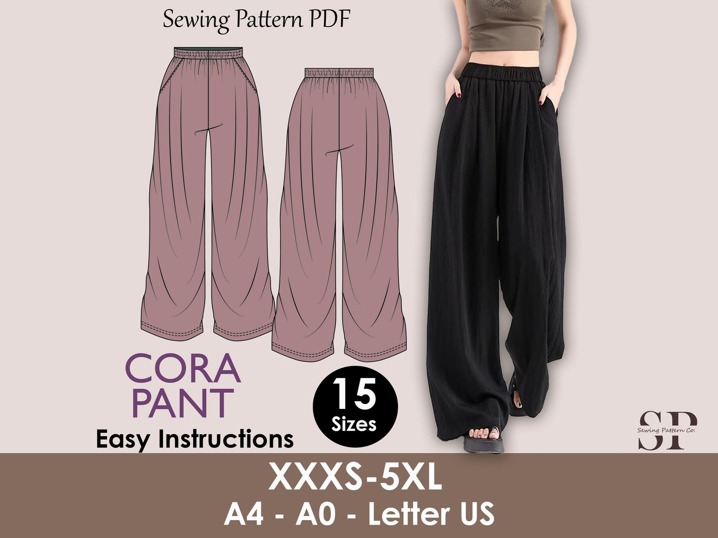 CORA Pant Sewing Pattern | Wide Leg Loose Trousers PDF |Elastic waist| oversized| Super Flairy Comfy| Women sewing pattern | Digital Pants