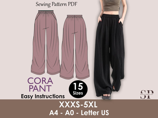 CORA Pant Sewing Pattern | Wide Leg Loose Trousers PDF |Elastic waist| oversized| Super Flairy Comfy| Women sewing pattern | Digital Pants