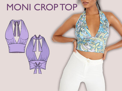 MONI Crop Top - Bustier Crop top | Halter top pattern | Sleeveless, Cutout, Bow tie straps | women Top digital sewing Pattern PDF crop top