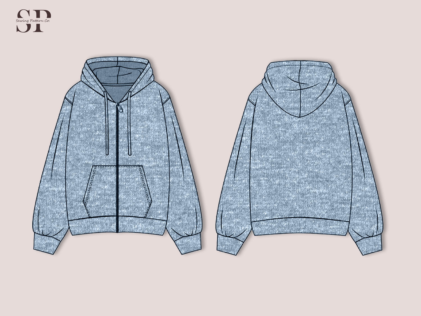 Slouchy Zip-Up Hoodie Sewing Pattern PDF | Oversized Unisex Hoodie with Front Zipper & Pockets | XXXXS–4XL