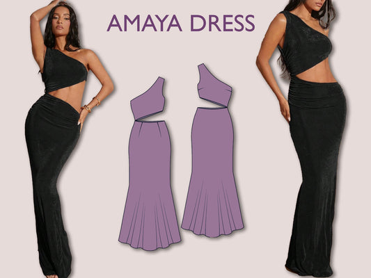 AMAYA Dress- one shoulder dress | Sleeveless | Women summer dress sewing pattern | asymmetrical, Cut out maxi | silky dress Digital PDF