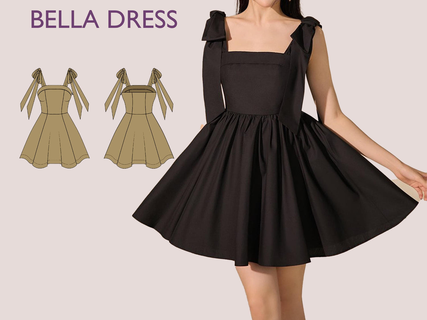 Bow straps dress pattern | Women dress sewing pattern | Bow Mini dress sewing pattern | PDF Sewing pattern | 15-sizes | prom dress pattern