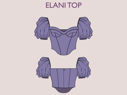 ELANI Top - puff sleeve corset | square Back sewing pattern | Women TOP dress pattern|  | bustier Puffed sleeves girl sewing pattern pdf