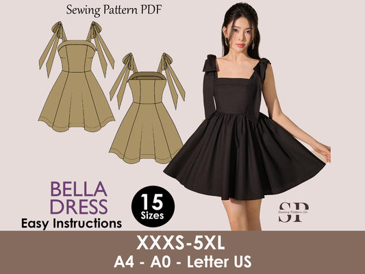 Bow straps dress pattern | Women dress sewing pattern | Bow Mini dress sewing pattern | PDF Sewing pattern | 15-sizes | prom dress pattern