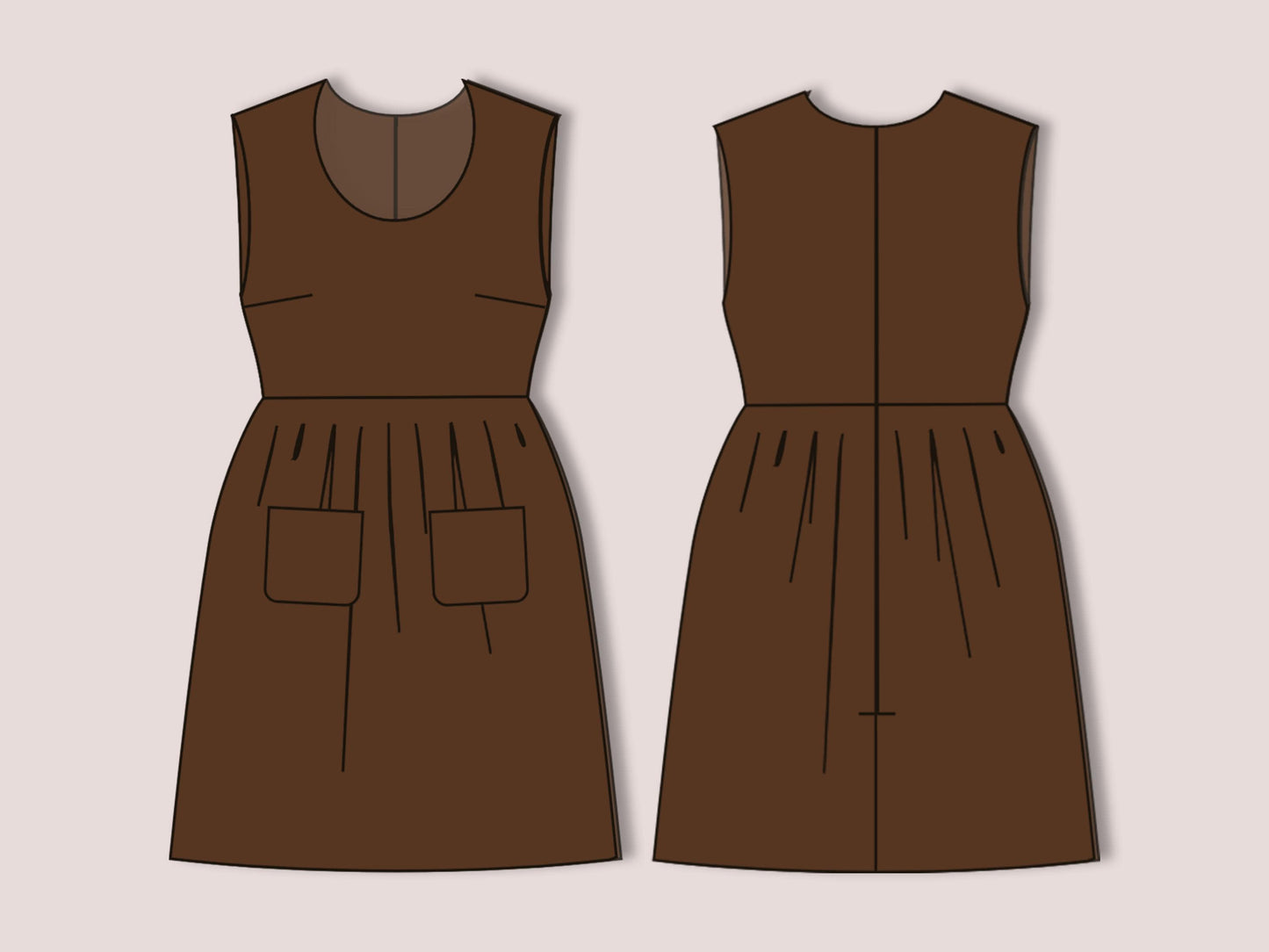 Apron Dress Sewing Pattern PDF, Gathered Waist Sleeveless Dress, Scoop Neck, Gathered Waist, Sleeveless Dress, Back Zipper