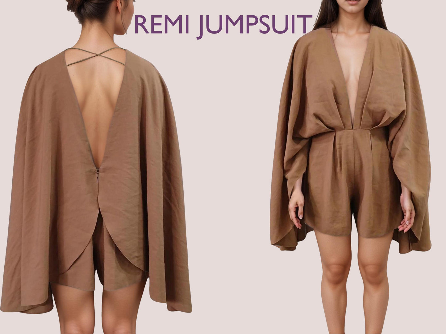 REMI Jumpsuit - Comfy Playsuit pattern| Deep V Neckline | Women ROMPO boho pattern| open puffy Sleeve dress, Short dress| sewing Pattern PDF