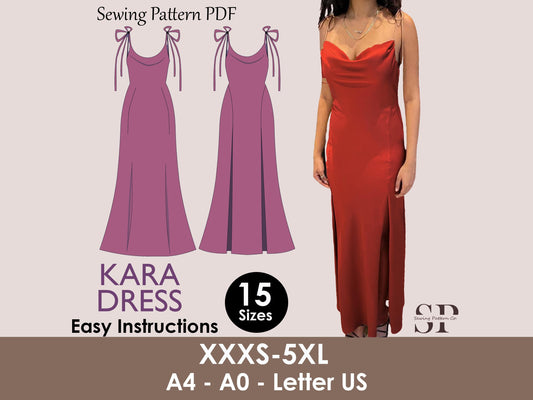 KARA Dress - slit dress| cowl neckline | Tie-up spaghetti straps | Women thigh slit| long| one piece | Fancy| Sleeveless| sewing pattern pdf