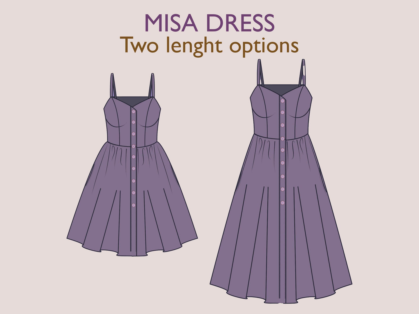 MISA Dress Sewing Pattern PDF – Bustier Midi Dress – Button Down Summer Dress – Spaghetti Strap Dress – Digital Download – Sizes XXXS-5XL