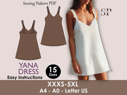YANA Dress - ruffled strap dress | Bustier dress | Women dress pattern| one piece | V neckline dress| Sleeveless | sewing pattern pdf