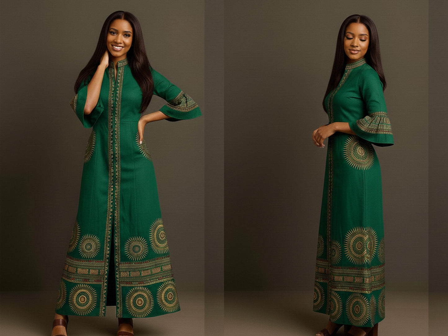 African Maxi Dress Sewing Pattern PDF | Dashiki Style Long Dress | Flared Sleeve & Front Zipper
