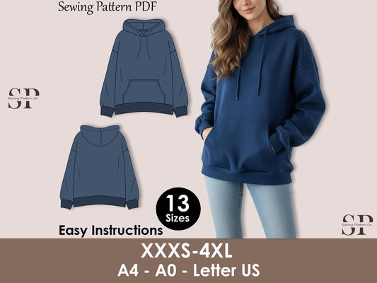 Oversized Hoodie Sewing Pattern PDF, Unisex Pullover Sweatshirt Pattern, Comfy Loungewear Hoodie - 13 sizes