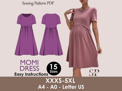 MOMI Dress - Pregnancy  dress pattern| High neck skirt| Nursing dress pattern| easy beginner women dress Top sewing pattern PDF