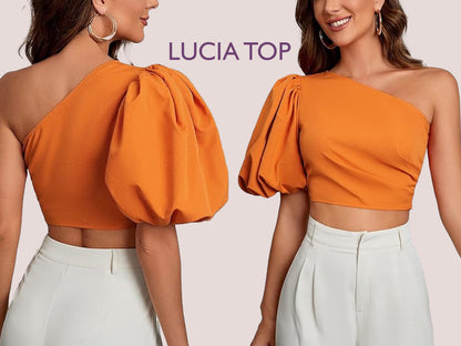 LUCIA Top - One shoulder puffy sleeve top  | Top sewing pattern | Asymetrical summer top , short top, women Top digital sewing Pattern PDF