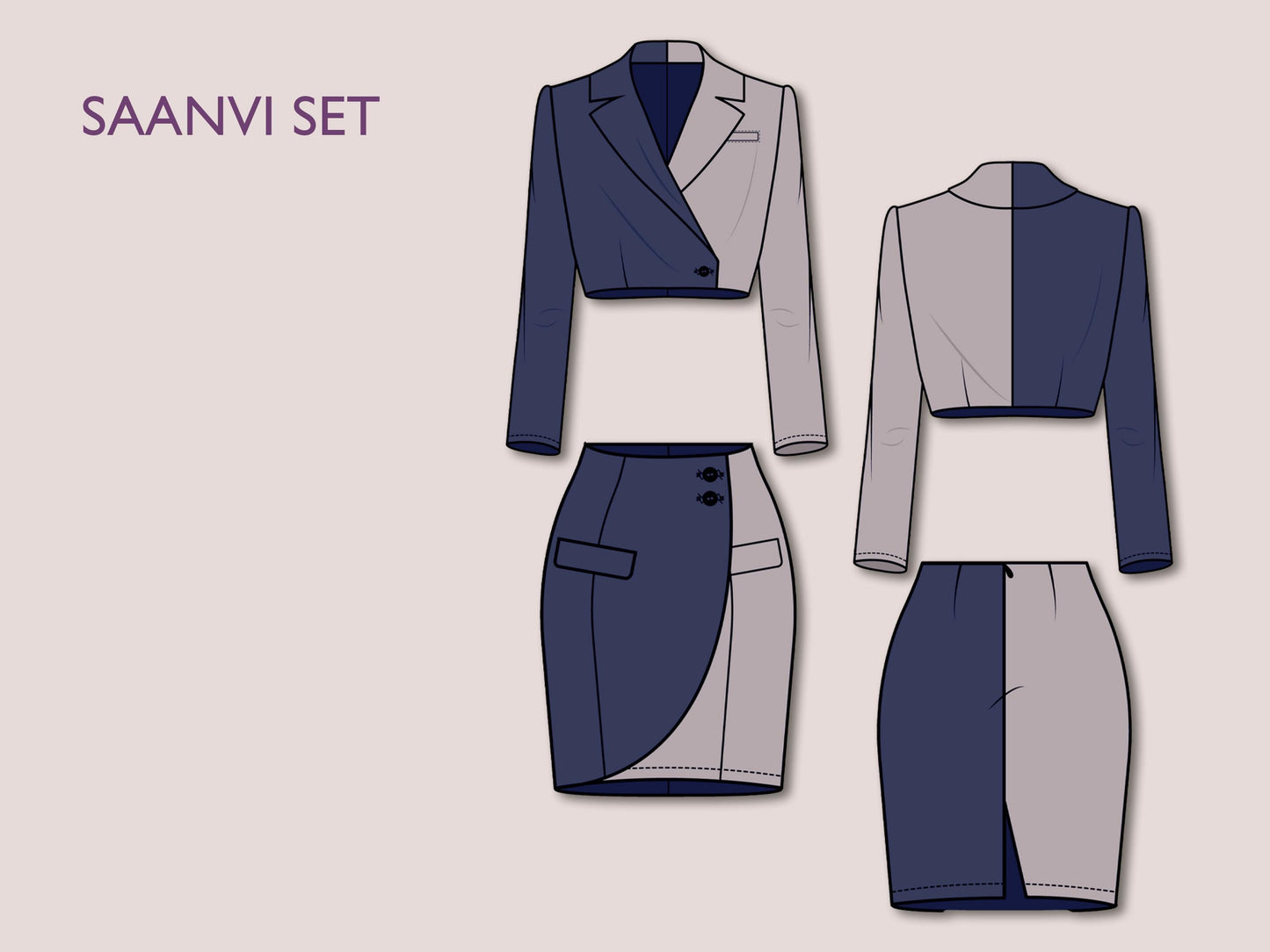 SAANVI Set - crop women blazer pattern| Wrap skirt pattern| Women co-ord set| Women suit, blazzer, jacket sewing Pattern PDF casual outfit
